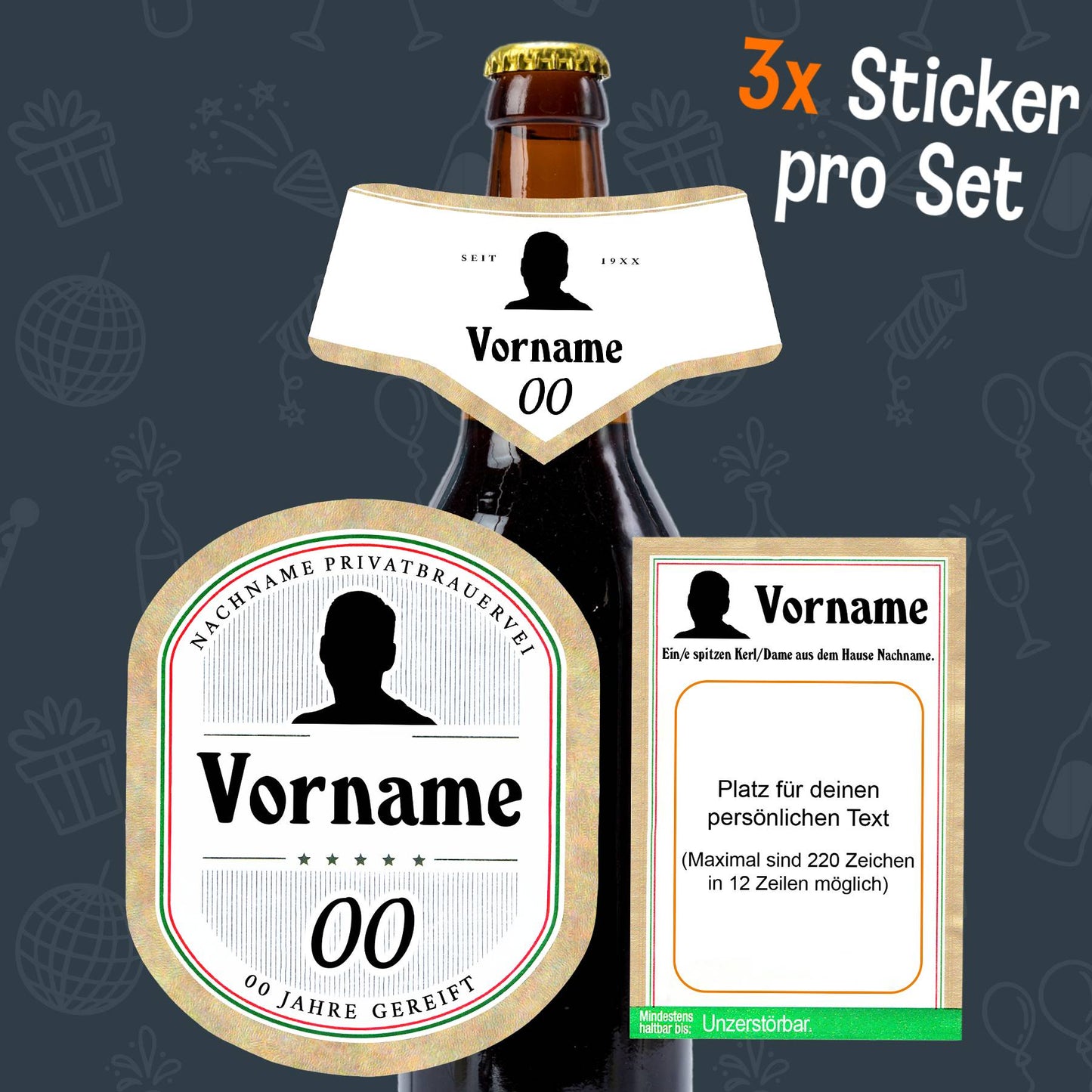 Vorschau personalisierter Bierflaschen Sticker mit anpassbaren Feldern für Foto, Vorname, Nachname und Alter