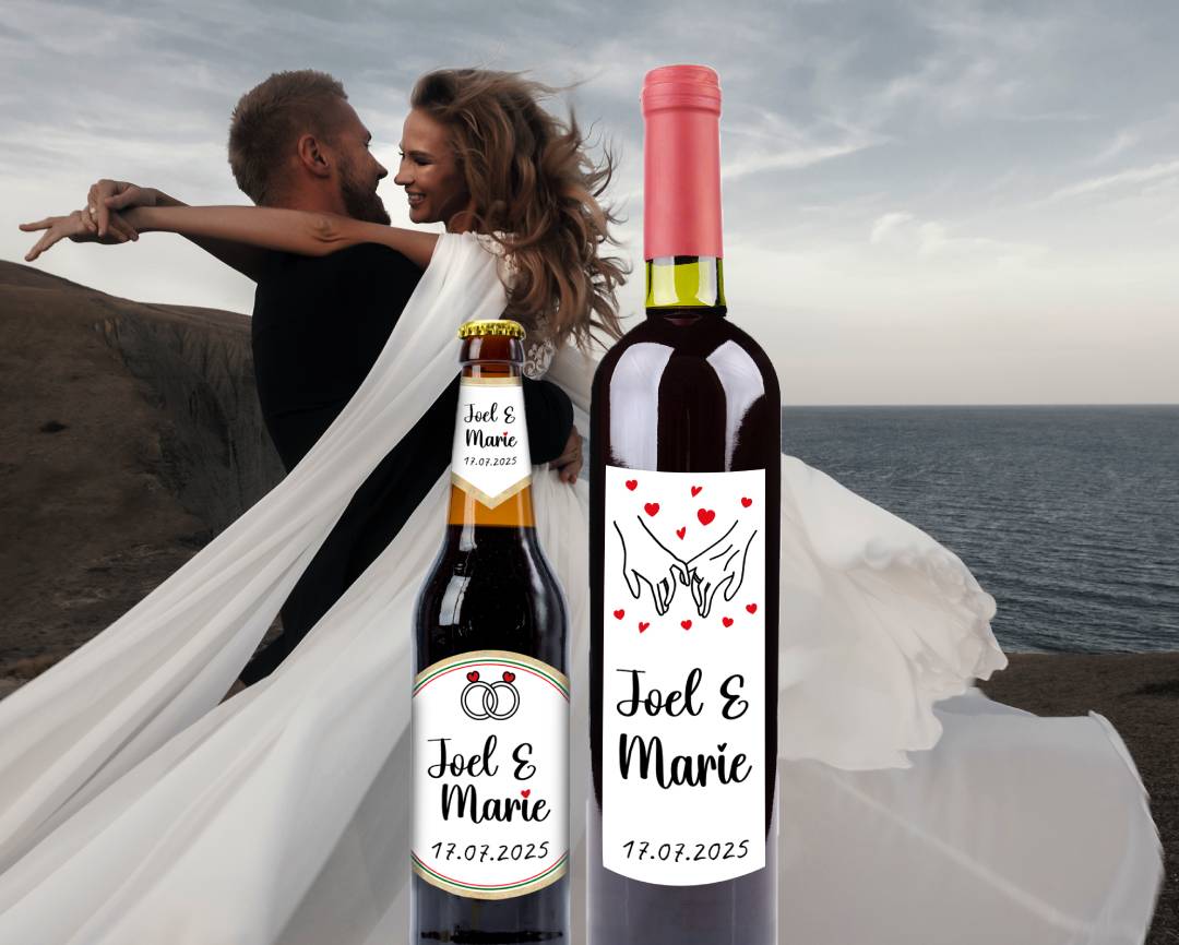 Sonderanfertigung für Hochzeit: personalisierte Bier- oder Weinflasche als Geschenk oder Deko für Brautpaar und Feier