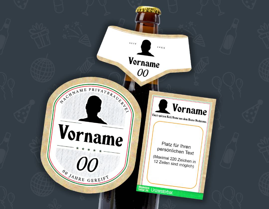 Vorschau personalisierte Bieretiketten mit Platzhaltern für Vorname, Nachname und Alter